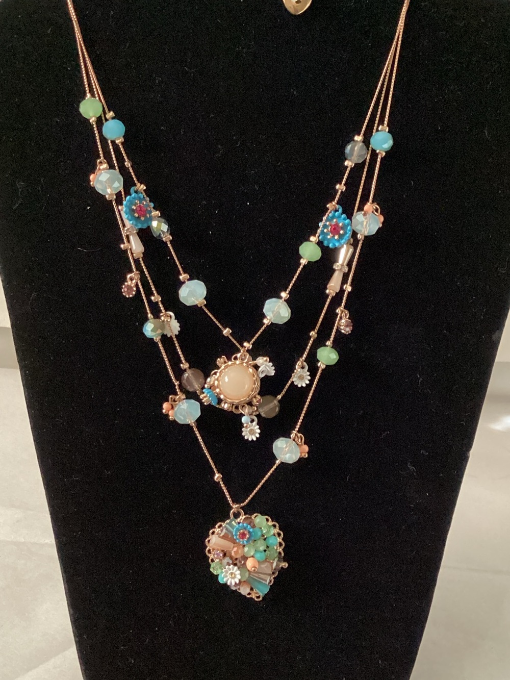 Betsey Johnson Rose Gold-Tone Multicolor Turquoise & Aqua Layered Necklace